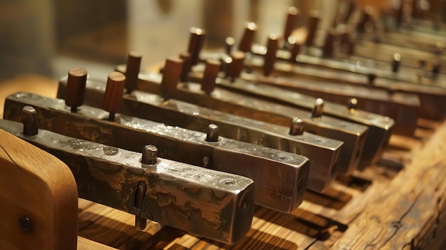 Un gros plan d'une presse d'impression vintage La presse est faite de métal et de bois Elle a une série de barres métalliques avec des poignées en bois