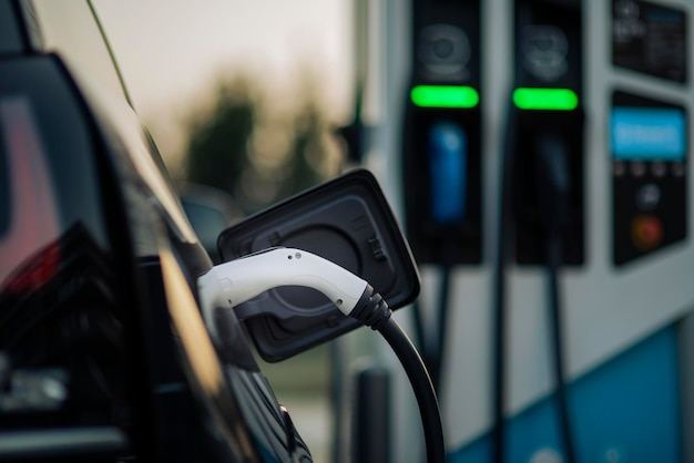 Gros plan d'une prise de voiture électrique connectée à la station de charge