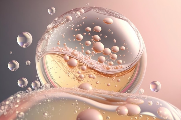 Gros plan sur un produit cosmétique liquide clair Texture gel avec bulles Génération AI