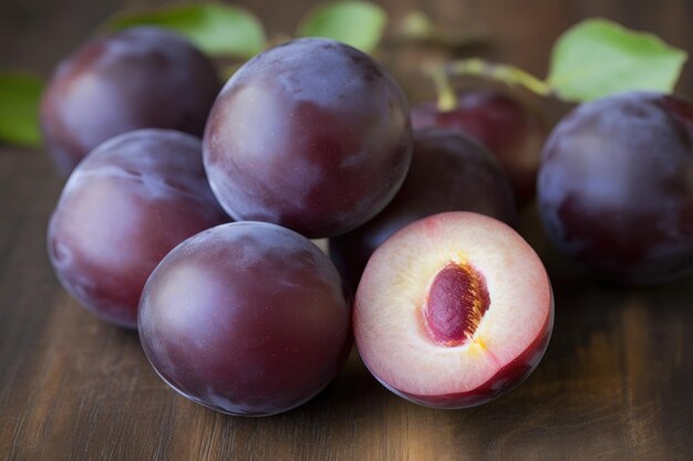 Un gros plan de prunes sur une table