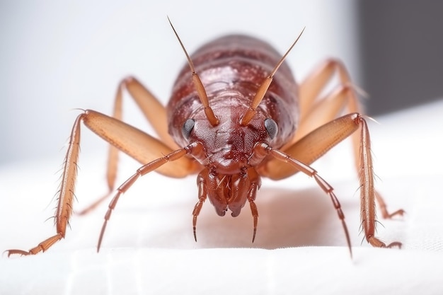 Gros plan d'une punaise de lit sur un drap blanc capturé avec un objectif macro