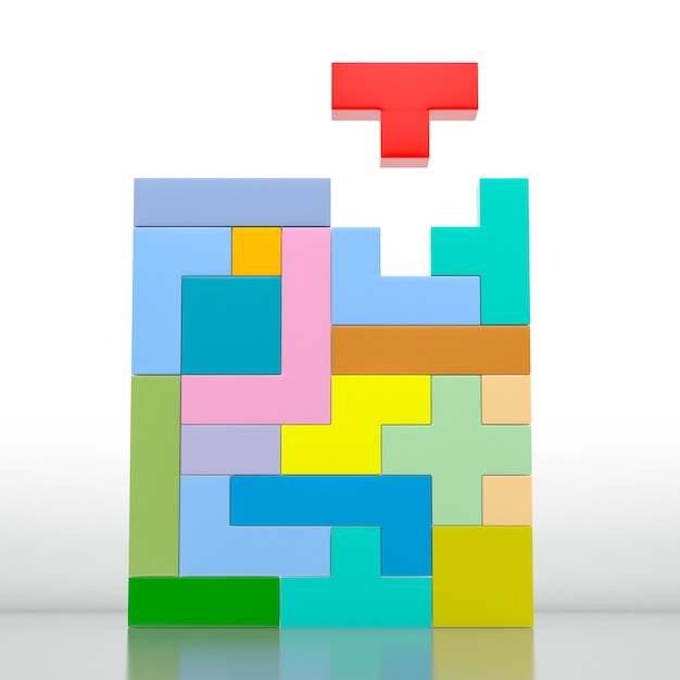 Photo gros plan d'un puzzle coloré fait avec des blocs de différentes formes et couleurs. rendu 3d