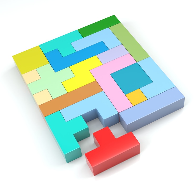 Photo gros plan d'un puzzle coloré fait avec des blocs de différentes formes et couleurs. rendu 3d