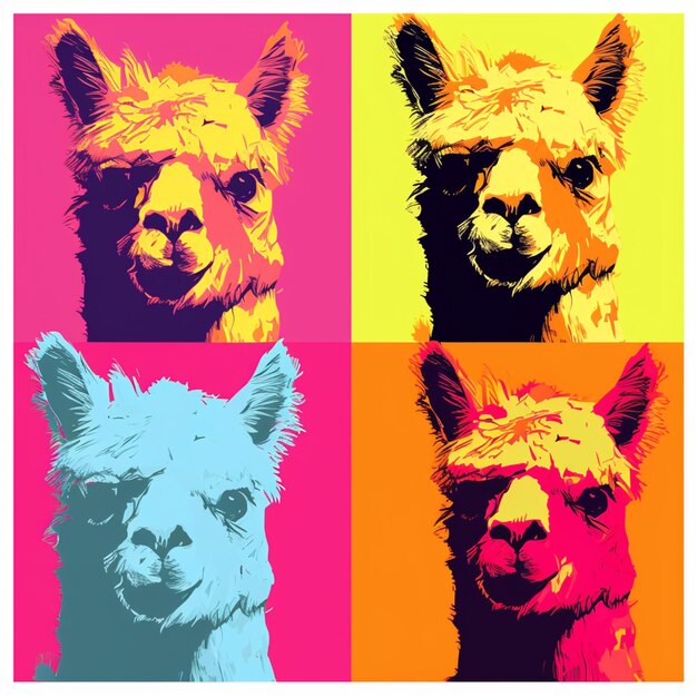un gros plan de quatre lamas de couleurs différentes sur un fond multicolore génératif ai