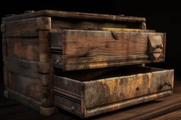Un gros plan de quelques caisses en bois avec le mot trésor en bas.