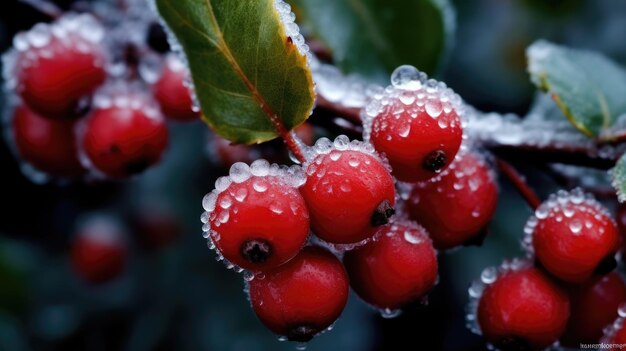 Un gros plan de quelques fruits rouges avec de la rosée sur eux