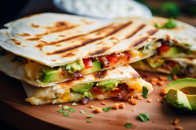 Un gros plan d'une quesadilla qui est garnie de