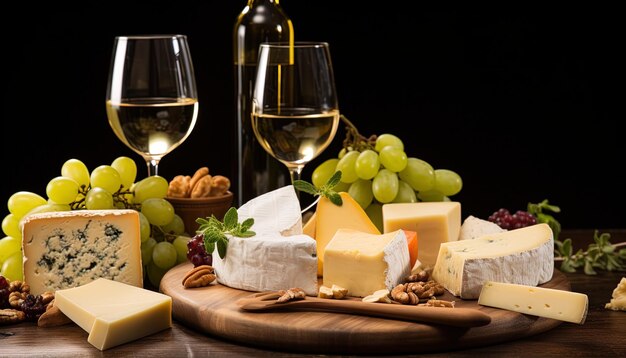 Photo gros plan qui capture l'harmonie entre le verre de vin et une sélection de fromages