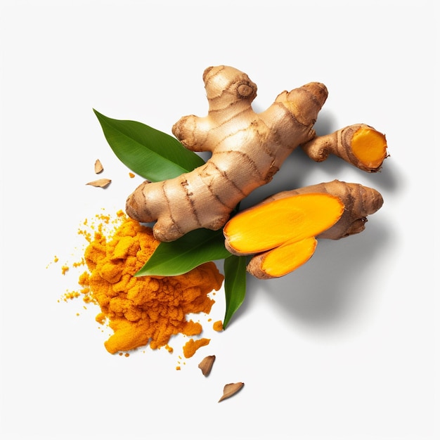 Un gros plan d'une racine de curcuma et du curcuma