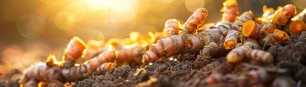 Un gros plan des racines de curcuma vibrantes au bokeh doux