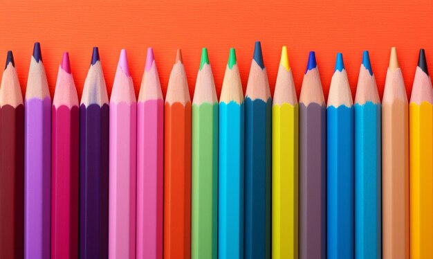 un gros plan d'une rangée de crayons de couleur sur une surface rouge générative ai