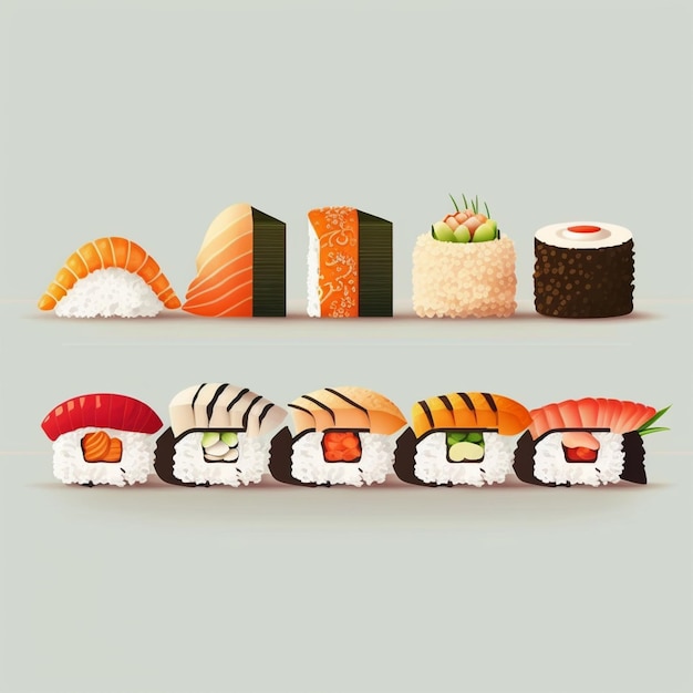 un gros plan d'une rangée de sushis sur une table générative ai