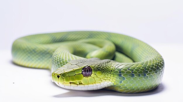 Photo gros plan réaliste de la faune serpent d'arbre vert isolé sur fond blanc