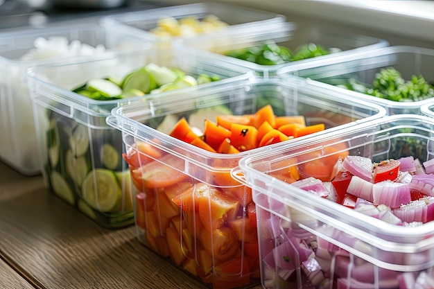 Un gros plan de récipients en plastique remplis de légumes