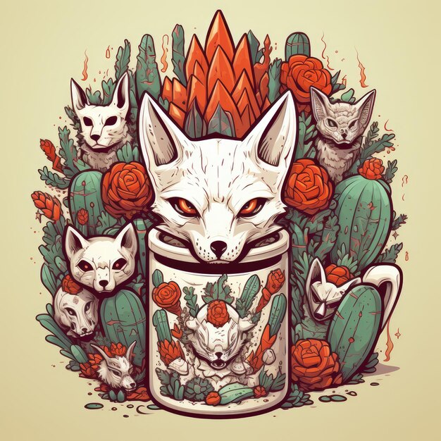 Un gros plan d'un renard avec des fleurs, un cactus et une tasse
