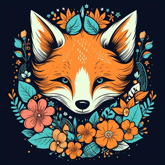 un gros plan d'un renard avec des fleurs et des feuilles autour de lui