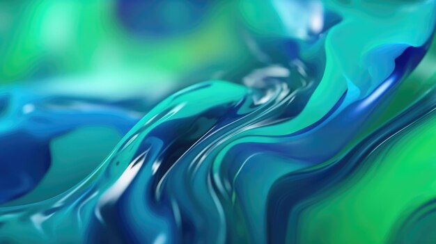 Le gros plan d'un résumé de surface liquide brillant dans des couleurs bleu et vert avec une illustration 3D floue d'exubérant