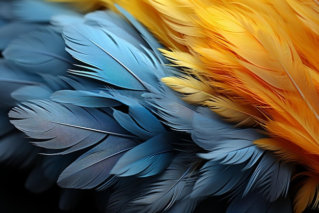 Le gros plan révèle les détails complexes de la beauté d'une plume bleue et jaune