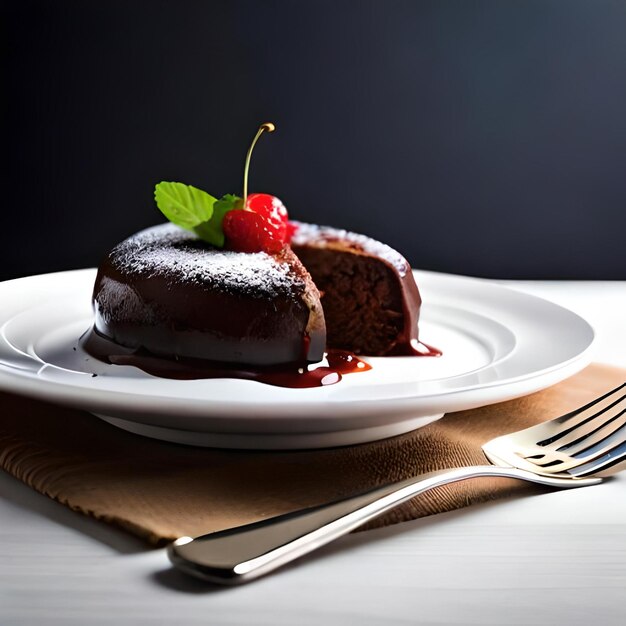 Un gros plan d'un riche gâteau de lave au chocolat fondu avec le centre gluant chaud s'écoulant