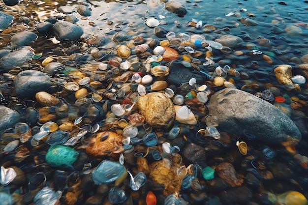 Un gros plan d'une rivière avec de nombreux rochers et cailloux colorés