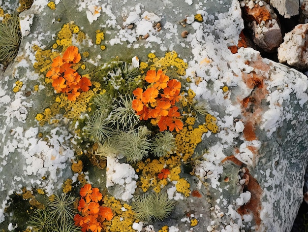 un gros plan d'une roche avec des fleurs et de la neige dessus