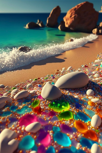 Photo gros plan de rochers sur une plage près de l'océan ai générative