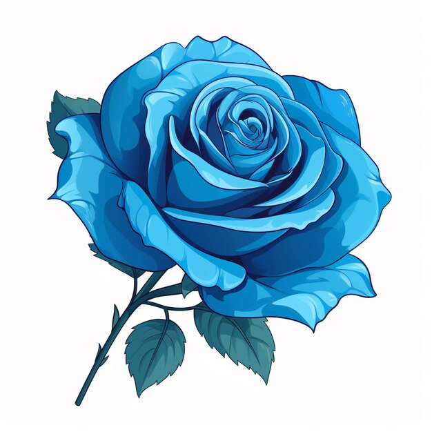 un gros plan d'une rose bleue avec des feuilles sur fond blanc ai générative