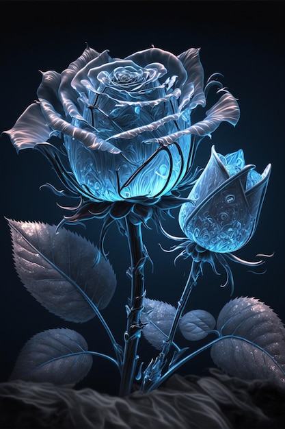 Gros plan d'une rose bleue sur fond noir ai générative