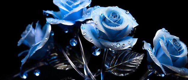 Gros plan d'une rose en cristal bleu sur fond noir