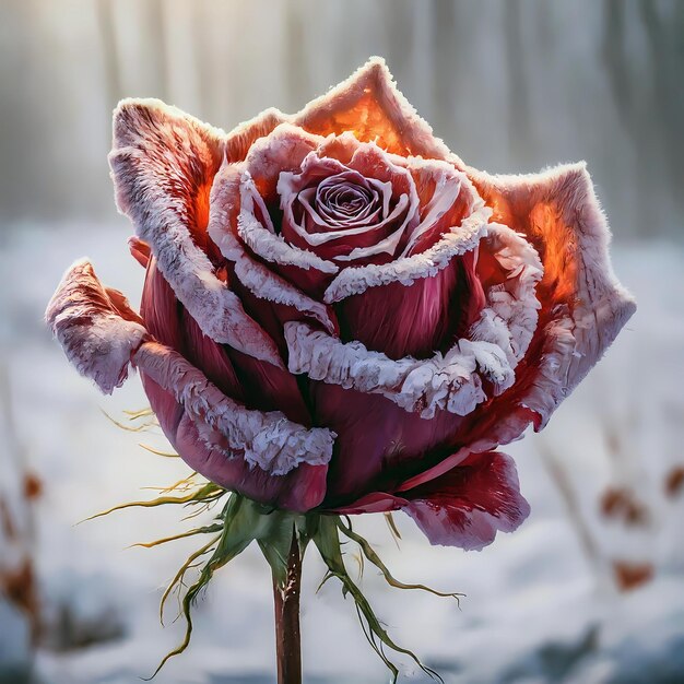 Un gros plan d'une rose rose vivante en hiver