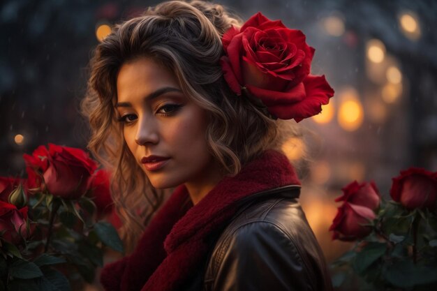 Un gros plan d'une rose rouge en fleur dans un jardin avec un fond sombre et flou