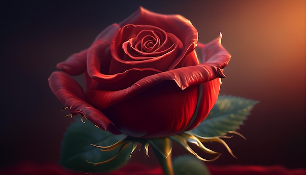 Gros plan d'une rose rouge réaliste avec un arrière-plan flou rouge AI générative