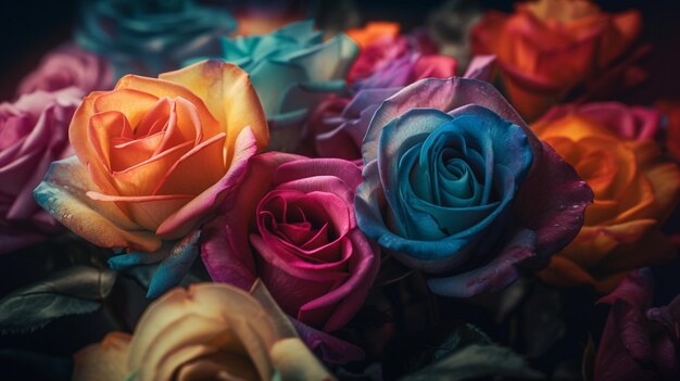 Gros plan de roses colorées sur fond sombre ai générative