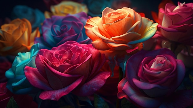 Gros plan de roses colorées sur fond sombre ai générative