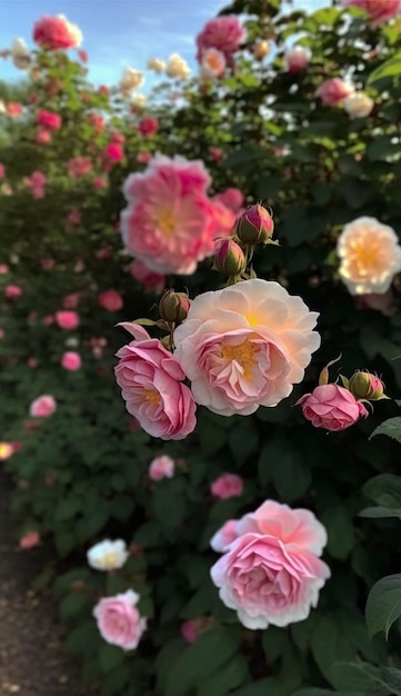 Un gros plan de roses roses et blanches dans un jardin