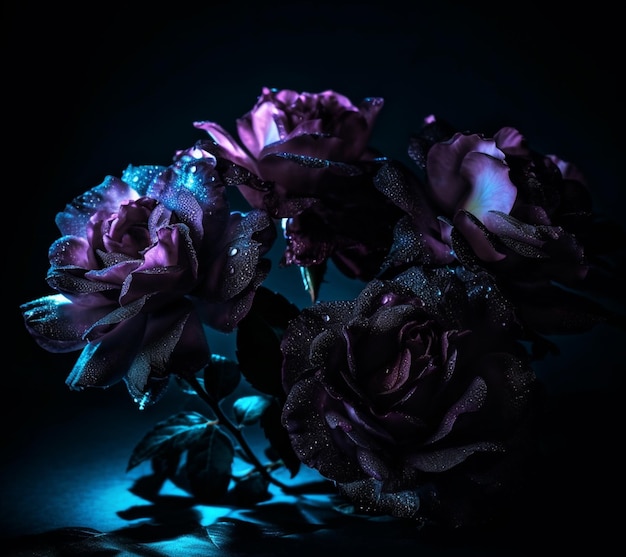 Un gros plan de roses violettes avec le fond sombre.