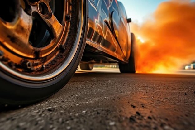 Gros plan de la roue et de la fumée des voitures de course de dragsters créées avec une IA générative