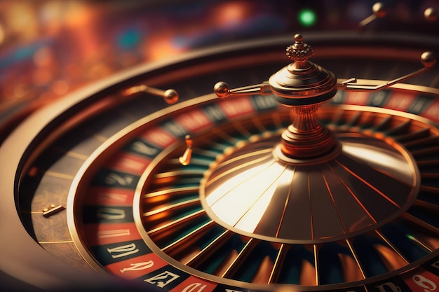 Gros plan sur une roue de roulette en rotation avec vue sur le casino en arrière-plan