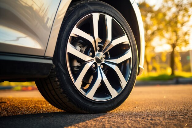 Photo gros plan d'une roue de voiture garée avec une jante en aluminium