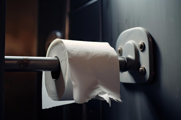 Gros plan d'un rouleau de papier toilette vide avec un morceau de papier toilette suspendu créé avec une IA générative