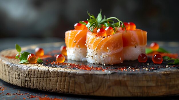 Photo un gros plan de rouleaux de sushi avec un bol de fruits sur la table