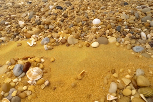 Gros plan de sable doré avec des cailloux et des coquillages visibles créés avec une IA générative