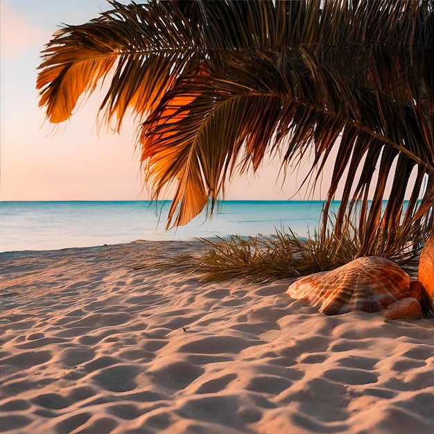 Gros plan de sable de plage avec palmier coquillages
