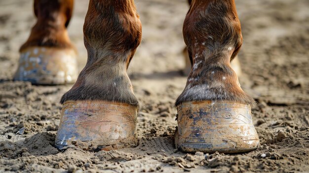 Photo un gros plan des sabots d'un cheval le cheval se tient sur une surface sablonneuse les sabots sont bien taillés et chaussés de fer à cheval en métal