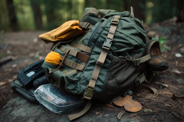 Gros plan sur un sac à dos avec équipement de randonnée ou de survie visible créé avec une IA générative