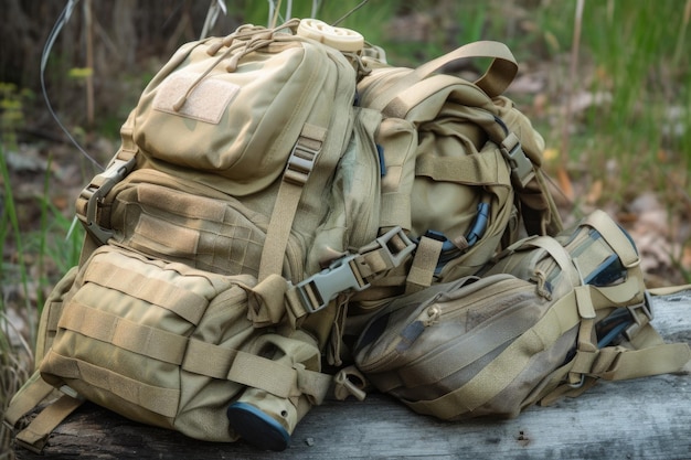 Gros plan sur un sac à dos avec équipement de randonnée ou de survie visible créé avec une IA générative