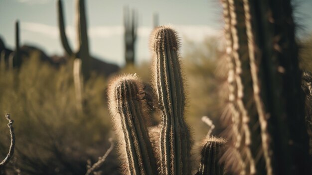 Gros plan de Saguaro Cactus sur la terre sèche du désert avec la technologie IA générative