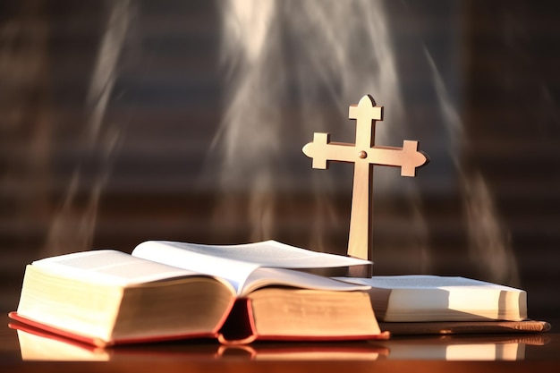 Gros plan d'une sainte bible et d'une croix chrétienne sur une table en bois Joyeux vendredi saint ou concept de religion