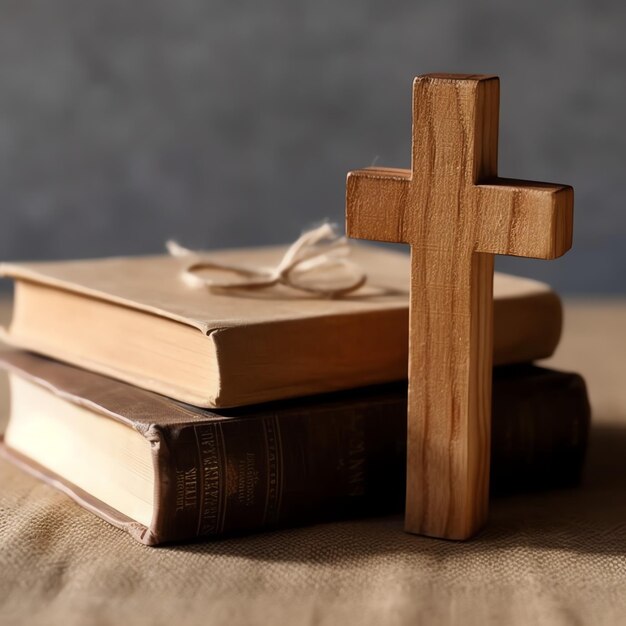 Gros plan d'une sainte bible et d'une croix chrétienne sur une table en bois Joyeux vendredi saint ou concept de religion