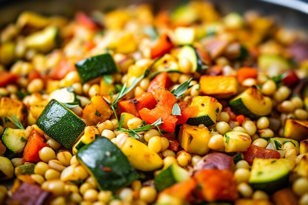 Photo un gros plan de la salade de couscous israélienne végétalienne